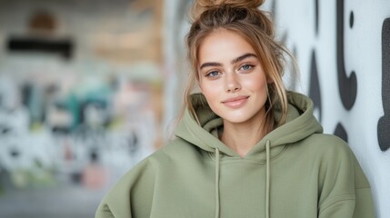 A happy woman in a green hoodie stands confidently by a graffiti wall, capturing the essence of modern street style and youthful energy against an urban backdrop.