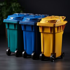 Green, blue, and yellow recycle bins with wheels and lids on white background. Isolated on a white background. Perfect for a recycling concept, eco-friendly business, or environmental campaign.