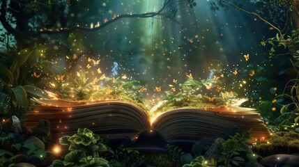 Wall Mural - an open book in a mystical forest with glowing butterflies and magic dust, surrounded by green plant