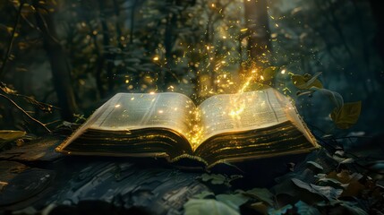Wall Mural - an old book with glowing pages lays open in a dark forest.