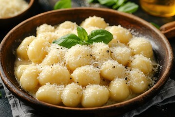 Potato gnocchi served with a creamy sauce and garnished with fresh basil and grated parmesan 