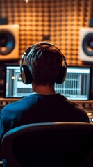 Wall Mural - a focused recording engineer wearing headphones, monitoring tracks on a computer screen in a soundpr