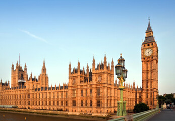 Houses of Parliament, Big Ben & Westminster Bridge Lamp early morning from the Westminster Bridge, London.