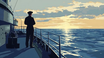 Wall Mural - a sailor standing on the deck of a ship, gazing at the horizon with determination, light solid color