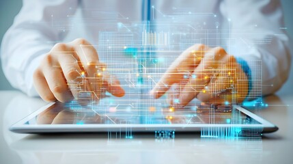 Wall Mural - a solution architect analyzing system architecture diagrams on a digital tablet, surrounded by light