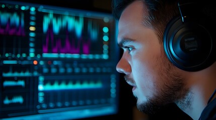 Wall Mural - a sound engineering technician wearing headphones, deep in concentration while analyzing sound waves