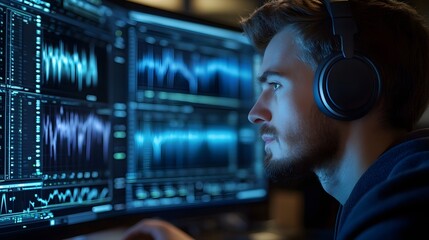 Wall Mural - a sound engineering technician wearing headphones, deep in concentration while analyzing sound waves