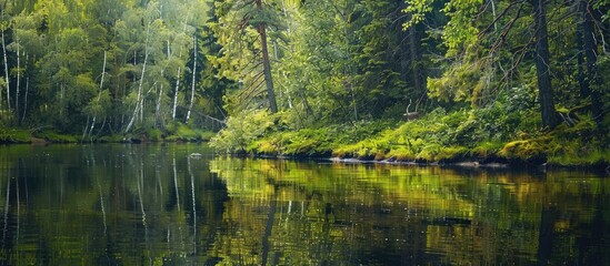 Wall Mural - Bank Of River With Thick Forest Reflected In Water