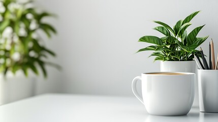 Canvas Print - Comfortable workplace with coffee stationery and houseplant on white table Home office copy space : Generative AI