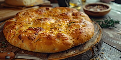 Wall Mural - Artisan style focaccia with cheese displayed on a weathered wooden table in a traditional eatery.