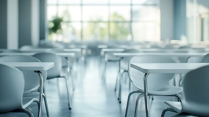 Poster - back to school concept empty classroom with white tables and chairs : Generative AI