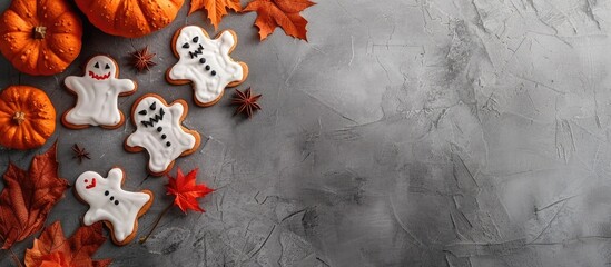 Wall Mural - tasty halloween cookies on light grey table flat lay space for text