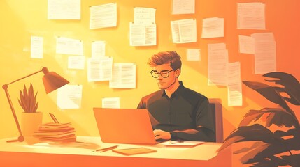 Wall Mural - a technical writer focused on crafting user manuals, surrounded by notes and a laptop, with a light 