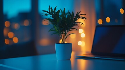 Aufkleber - Laptop coffee cup and potted plant on white table at night Empty screen for your advertise design : Generative AI