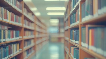 Fototapete - Abstract blurred empty college library interior space Blurry classroom with bookshelves by defocused effect use for background or backdrop in book shop business or education resources  : Generative AI