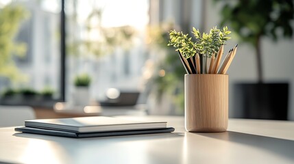 Leinwandbilder - Modern workplace with laptop computer pencil holder and notebook on white table : Generative AI