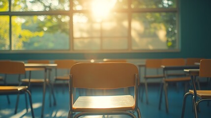 Fototapete - Chair group on table in classroom on morning education concept furniture empty people student in room seat and desk in school or university on blurred window and sunny light beauty : Generative AI