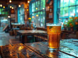 Sticker - Refreshing Beer on a Wooden Table in a Rustic Bar