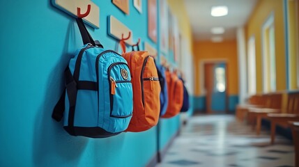 Aufkleber - Empty hallway in the school backpacks and bags on hooks bright recreation room : Generative AI