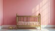 © Generative AI - Baby in the wooden cradle and crib style modern room and toy in the pink wall : Generative AI
