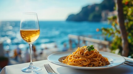 Wall Mural - beautifully served pasta on restaurant table at coast of the sea : Generative AI