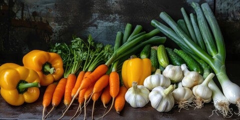 Wall Mural - Fresh uncooked vegetables from the market: carrots, scallions, yellow and green bell peppers, shallots, garlic, and zucchini.