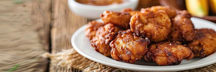 Wall Mural - Fried Banana Treats with Palm Sugar on a White Plate Traditional Sweet Dish