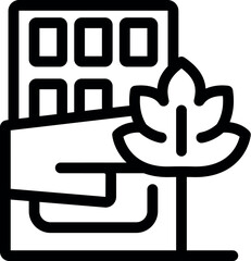 Poster - Line icon of a hand holding a green leaf near a modern building, promoting eco friendly architecture and sustainability