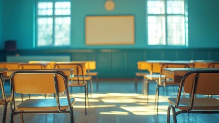 Aufkleber - Empty classroom without students with desks chairs and white board during pandemic : Generative AI