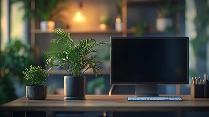 Fototapete - Empty workplace with desk and plant in office room copy space work from an atmospheric home office full of green plant : Generative AI
