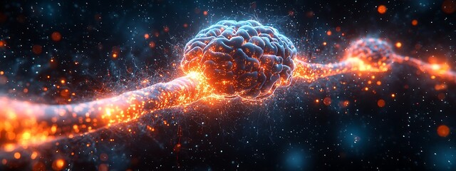  Human brain stimulation or activity with neuron close-up 3D rendering illustration. Neurology, cognition, neuronal network, psychology, neuroscience scientific concepts design 