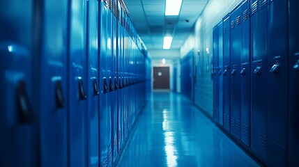 Aufkleber - Empty school hallway with blue metal student lockers : Generative AI