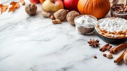 Poster - Autumn fall baking background with pumpkins apples nuts food ingredients and seasonal spices on white copy space Cooking pumpkin or apple pie for Thanksgiving and autumn holidays : Generative AI