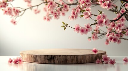 Poster - Geometric empty podium wooden platform stand for product presentation and spring flowering tree branch with pink flowers on white background : Generative AI