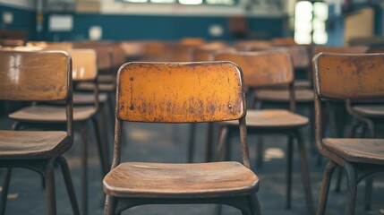 Fototapete - selective soft and blur focusold wooden row lecture chairs in classroom in poor schoolstudy room without studentconcept for education : Generative AI