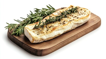 Poster - Wooden board with tasty baked brie cheese bread and rosemary isolated on white top view : Generative AI