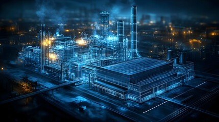 A 3D Wireframe Model of a Factory Complex at Night.