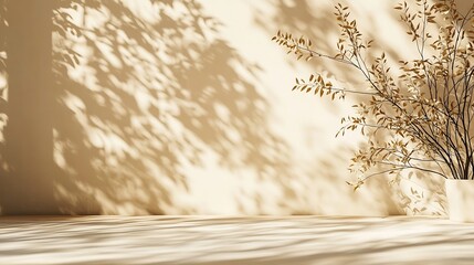 Aufkleber - Background Shadow Studio Autumn Beige Plant Overlay Podium 3d White Light Design Table Product Room Empty Backdrop Bg Summer Minimal Place Kitchen Abstract Leaf Pattern Flower Texture  : Generative AI