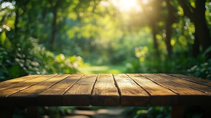 Poster - Empty wood table top with blur background of nature lush green forest The table giving copy space for placing advertising product on the table along with beautiful green forest nature  : Generative AI