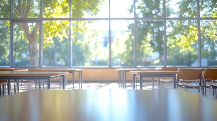 Leinwandbilder - Beautiful blurred background of bright classroom and study room with panoramic windows and beautiful lighting : Generative AI