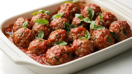 Poster - Meatballs in Tomato Sauce Homemade Meatballs in a Baking Dish on White Background Isolated : Generative AI