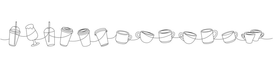 Wall Mural - Coffee shop set one line continuous drawing. Takeaway coffee cups, plastic coffee cups continuous one line illustration.