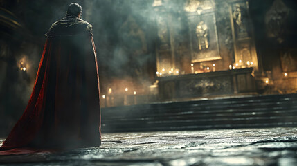 A cloaked figure stands in a dimly lit church, their back to the viewer, with an altar and candles in the background.