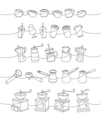 Wall Mural - Coffee machine, gooseneck kettle, grinder, Italian coffee maker, cups, portafilter, Turkish pot, French press continuous one line illustration.