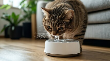 Pet cat is using pet water dispenser image of drinking water closeup indoor shot sofa and wooden floor : Generative AI