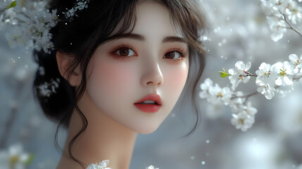 Poster - A close-up portrait of a woman with long black hair and fair skin, looking directly at the camera. She has rosy cheeks and a delicate smile, with white blossoms in the background.