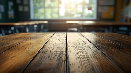 Leinwandbilder - empty wooden table and blurred image of empty classroom : Generative AI