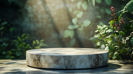 Fototapete - Luxurious stonemarble pedestal basks in foliage gobo sunlight Wooden rod backdrop adds depth and elegance Ideal for premium product showcases and sophisticated designs : Generative AI