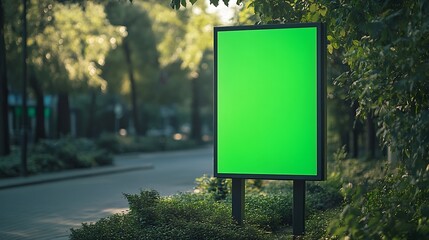 Wall Mural - Green advertising billboard street mockup panel digital lightbox poster ad banner board bus shelter advertising green park background vertical format sign stucco facades : Generative AI