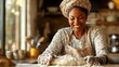 © Generative AI - Cooking with love Plump african american woman expertly molding dough sprinkled with flour on wooden kitchen surface Smiling homemaker in turban and apron baking handmade bread at mode : Generative AI